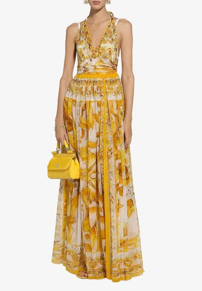 Dolce & Gabbana Maiolica Open-back Pleated Printed Silk-chiffon Halterneck Maxi Dress In Yellow