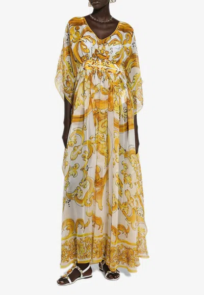 Dolce & Gabbana Majolica-print Silk Chiffon Maxi Kaftan Dress In Yellow
