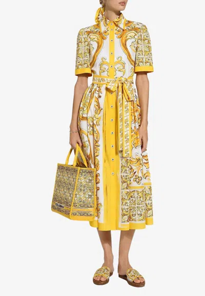 Dolce & Gabbana Maiolica Belted Pleated Printed Cotton-poplin Midi Dress In Yellow