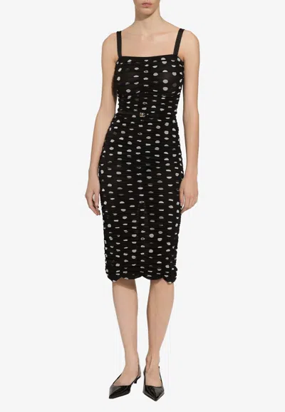 Dolce & Gabbana Polka Dot Print Draped Tulle Midi Dress In Black