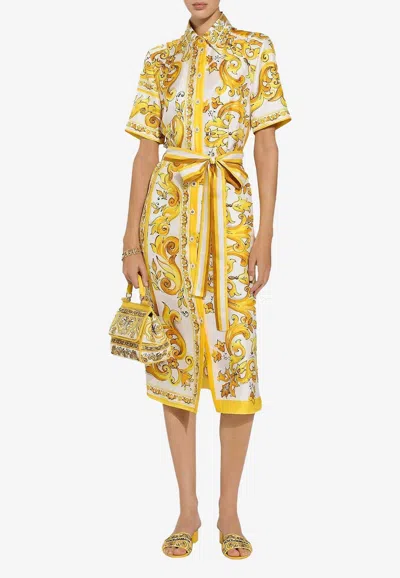 Dolce & Gabbana Belted Silk Twill Midi Dress With Majolica Print In Yellow