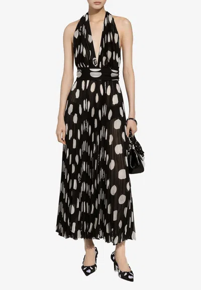Dolce & Gabbana Pleated Chiffon Calf-length Dress With Polka-dot Print In Black