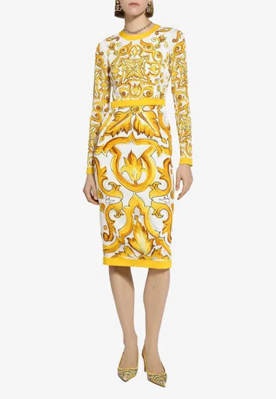 Dolce & Gabbana Majolica Silk-blend Charmeuse Midi Dress In Yellow