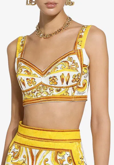 Dolce & Gabbana Majolica Poplin Corset Crop Top In Yellow