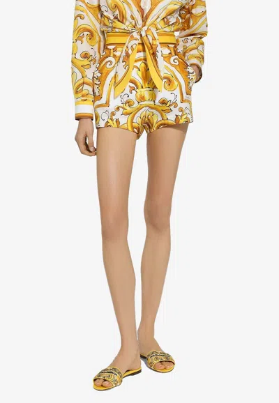 Dolce & Gabbana Cotton Popeline Brocade Print Mini Shorts With Frontal French Pockets In Yellow