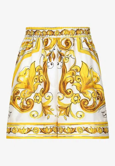 Dolce & Gabbana Majolica Print Silk Pajama Shorts In Yellow