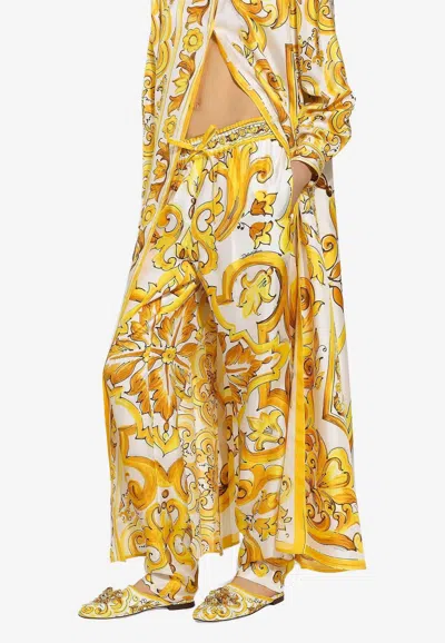 Dolce & Gabbana Majolica Print Silk Pants In Yellow