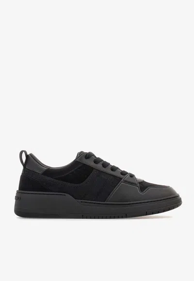 Ferragamo Black Low Top Sneakers With Intarsia And Tonal Plaque In Fabric And Leather Man In Black