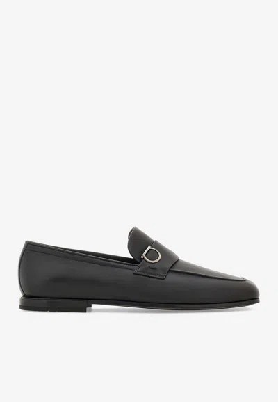 Ferragamo Crystal Gancini Leather Loafers In Black