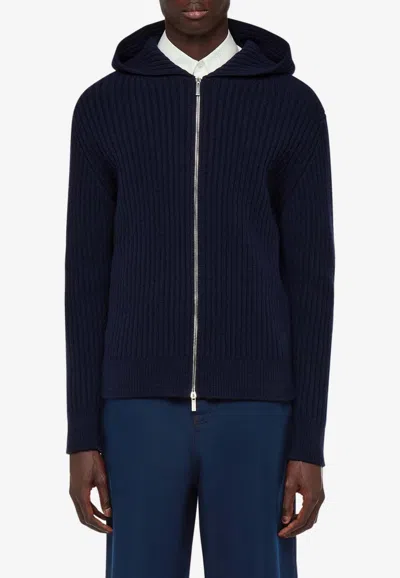 Ferragamo Rib-knit Hooded Cardigan In Wool In Navy