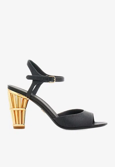 Ferragamo Nikla 85 Cage-heel Sandals In Lizard Print Leather In Black