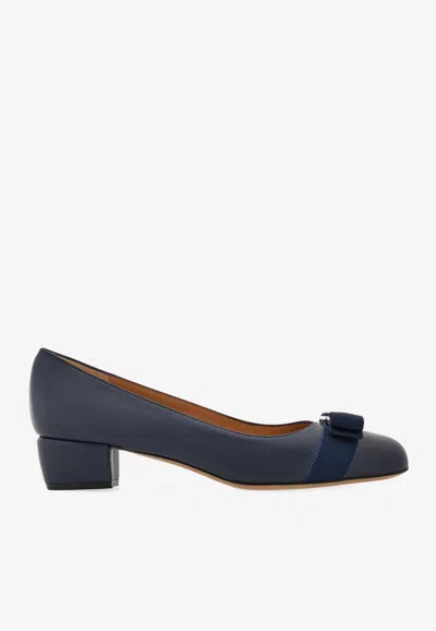 Ferragamo Nappa Leather Pumps Vara Block Heel Bow In Blue