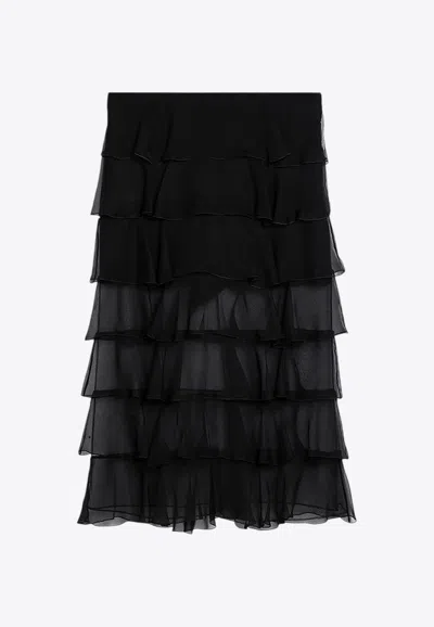 Valentino Semi-sheer Chiffon Midi Tiered Skirt In Black