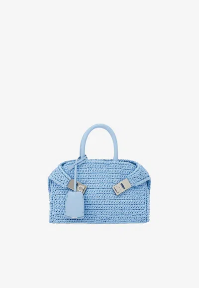 Ferragamo Mini Hug Woven-raffia Top Handle Bag In Sky Blue