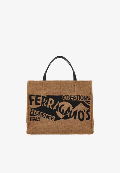 Ferragamo Small Tt Sign Woven Raffia Tote Bag In Brown