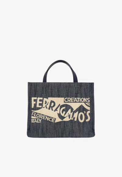 FERRAGAMO SMALL TT SIGN DENIM TOTE BAG 