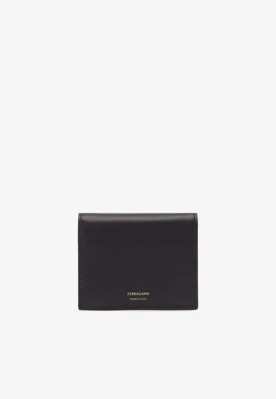Ferragamo Logo Stamp Compact Wallet In Calf Leather In Black