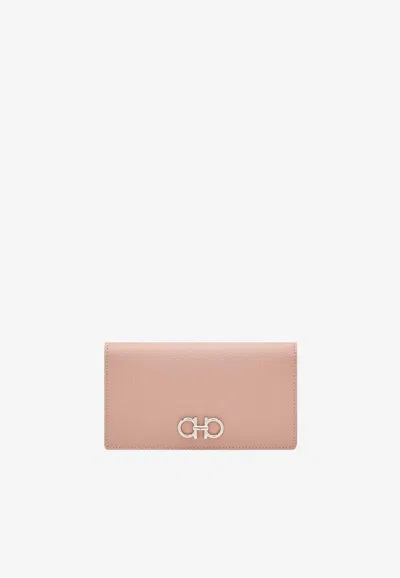 Ferragamo Gancini Continental Wallet In Hammered Leather In Pink