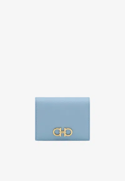 Ferragamo French Bi-fold Wallet In Grained Leather In Sky Blue