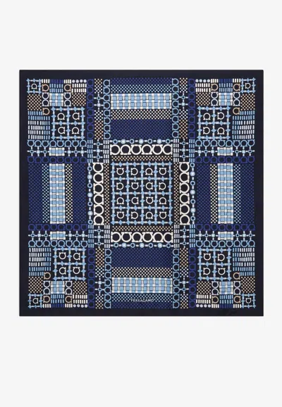 Ferragamo Newkilt Gancini Print Silk Scarf In Blue