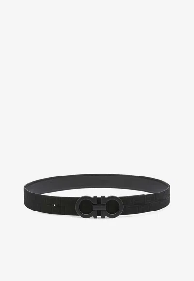 Ferragamo Adjustable Geometric Pattern Reversible Belt In Black