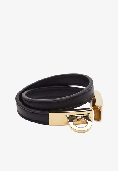 Ferragamo Gancini Double-twist Leather Bracelet In Black