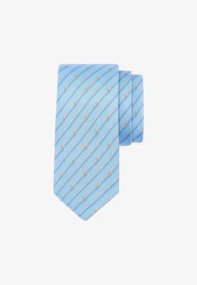Ferragamo Gancini Print Striped Silk Tie In Light Blue