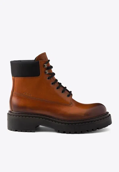 Prada Hot Stamping Logo Boots In Brown