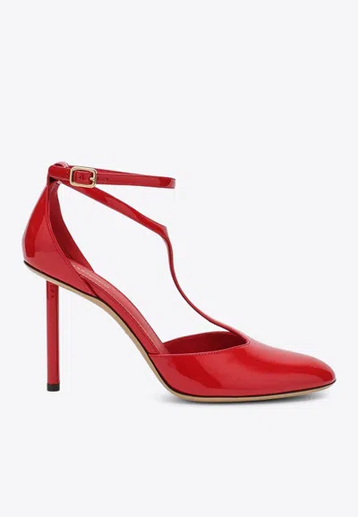 Ferragamo Lysandra 95 T-strap Pumps In Patent Leather In Red