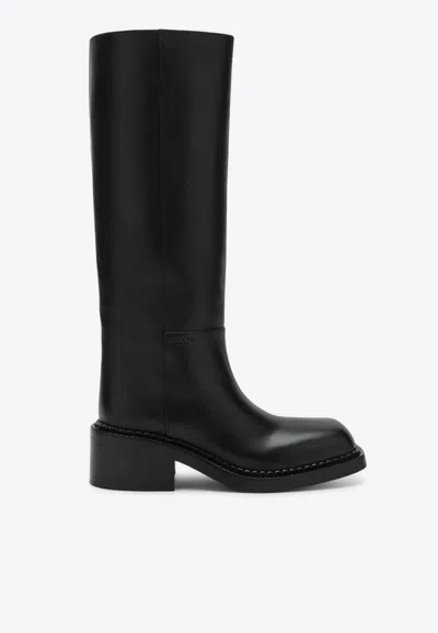 Prada Leather Square-toe Tall Moto Boots In Black