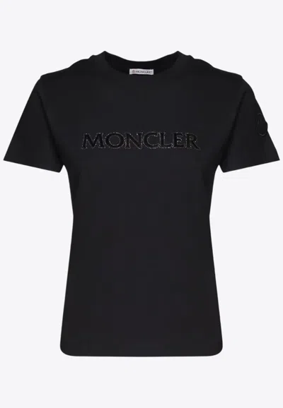Moncler Biologic Cotton T-shirt With Embroidered Logo In Black