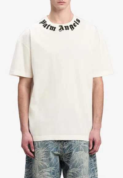 Palm Angels White Crewneck T-shirt With Logo Print On The Neck In White