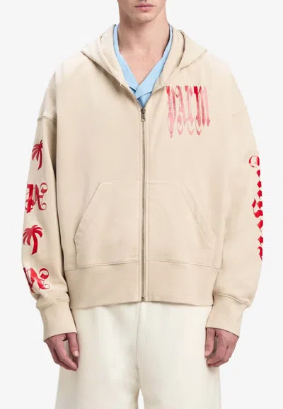 Palm Angels Gothic Logo-print Zipped Hoodie In Beige