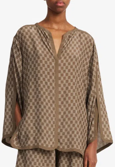 By Malene Birger Monogram Print V-neck Blouse In Brown