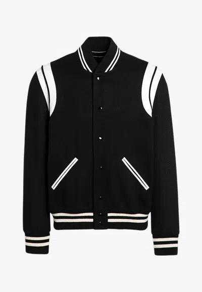 Saint Laurent Men Teddy Varsity Bomber Jacket In Black