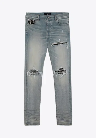 Amiri Leopard Print Distressed Jeans Five-pocket Style In Gray