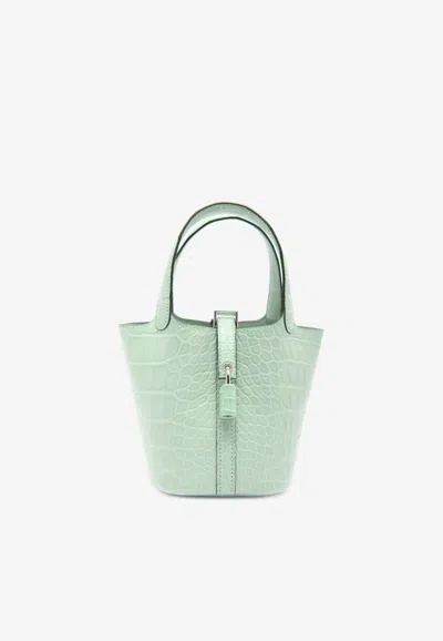 Pre-owned Hermes Micro Picotin Lock 14 In Vert D'eau Matte Alligator With Palladium Hardware