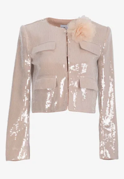 Self-portrait Flower Applique Sequined Jacket In Champagne