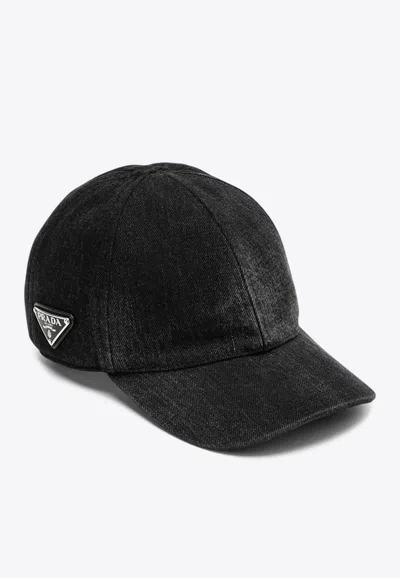 Prada Triangle Logo Washed Canvas Baseball Cap In Black