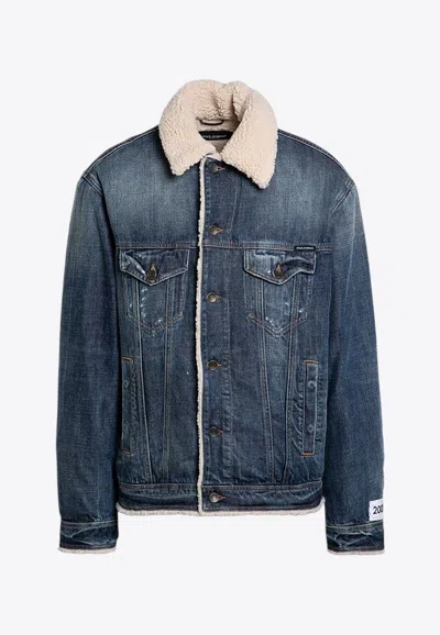 Dolce & Gabbana Buttoned Denim Jacket With Faux Shearling Finish In Blue