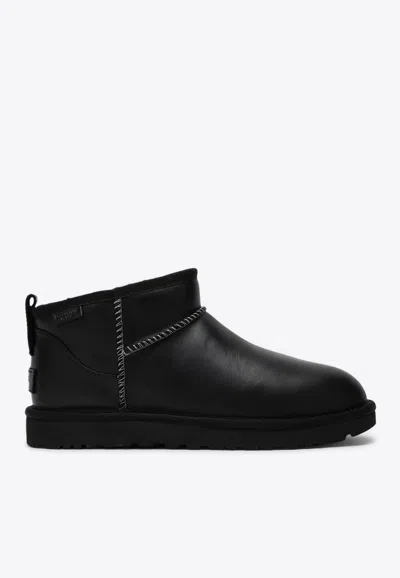 Ugg Classic Ultra Mini Leather Cozy Ankle Boots In Black