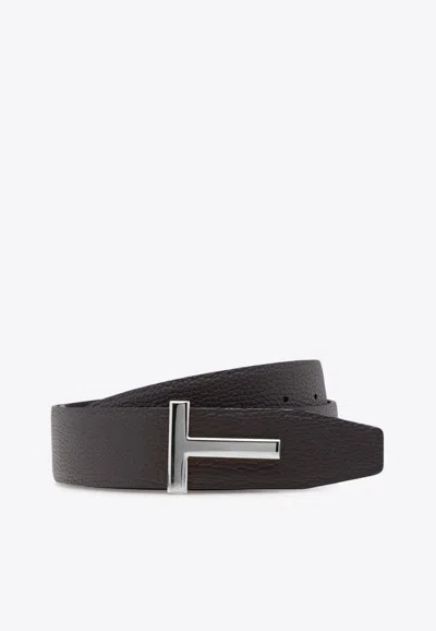 Tom Ford Leather Reversible T Icon Belt In Brown