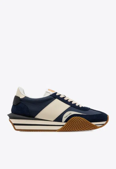 Tom Ford Mens Blue James Logo-print Leather And Suede Low-top Trainers In Blue
