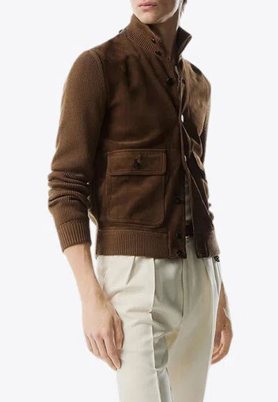 Tom Ford Mens Deep Brown Funnel-neck Ribbed-sleeve Suede And Wool Jacket In Brown