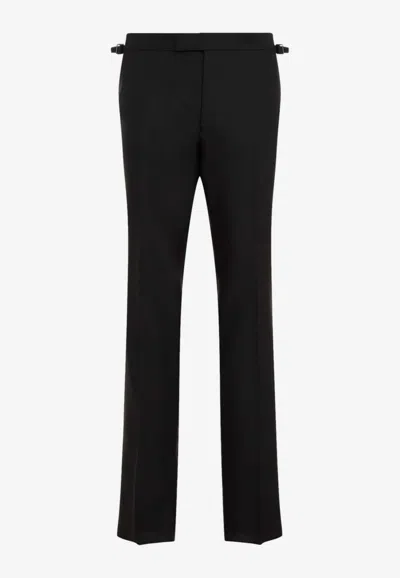 Tom Ford Wool Silk Blend Straight Leg Pants In Black