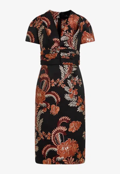 Etro Floral Embroidered Midi Dress With Short Sleeves In Black