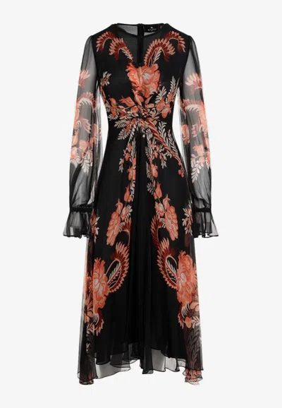 Etro Floral Silk Chiffon Long-sleeved Midi Dress In Multicolor