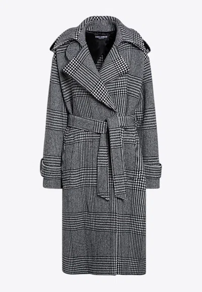 Dolce & Gabbana Houndstooth Wool Trench Coat In Gray