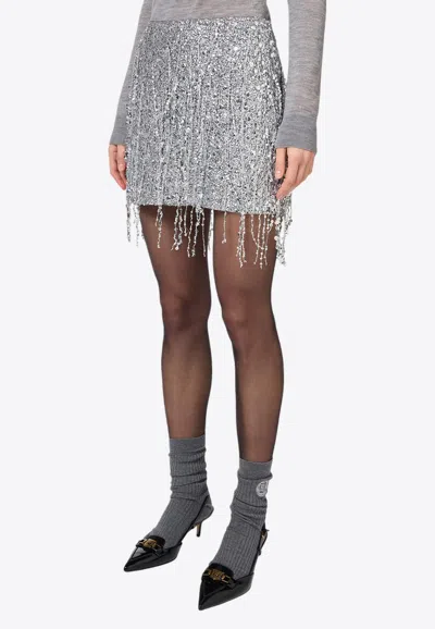 Elisabetta Franchi Sequin Tulle Skirt With Fringe And Metallic Finish In Silver
