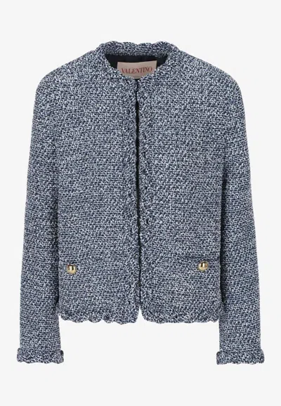 Valentino Sky Blue Tweed Crewneck Jacket In Blue